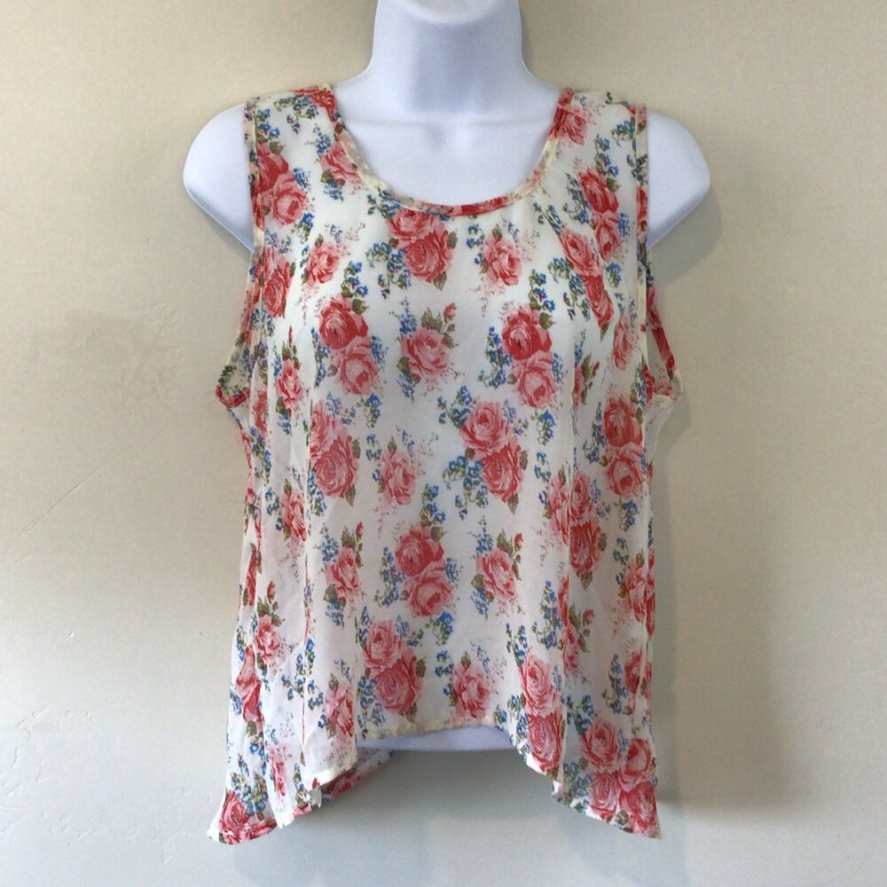 Poetry White Sheer Open Back Tank Top with A Rose Print